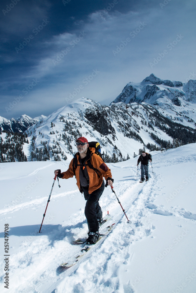 Splitboarders in Mt Baker backcountry, North Cascadesm Washington, United States Splitboarders in Mt Baker backcountry, North Cascadesm Washington, United States