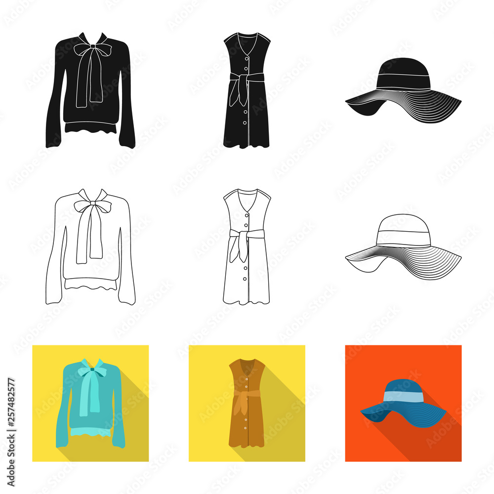 Vector illustration of woman and clothing symbol. Set of woman and wear vector icon for stock.