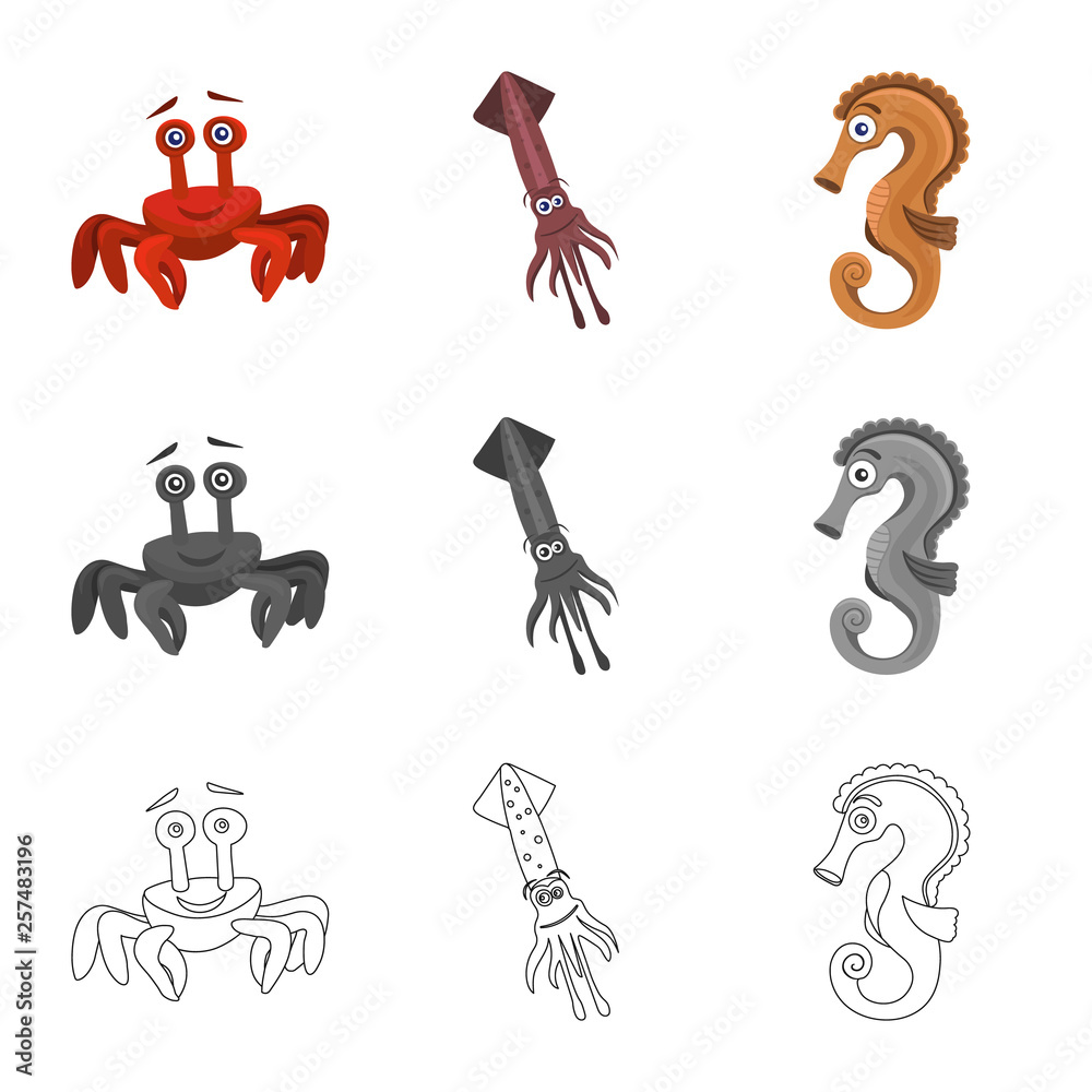 Obraz premium Vector illustration of sea and animal sign. Collection of sea and marine stock vector illustration.