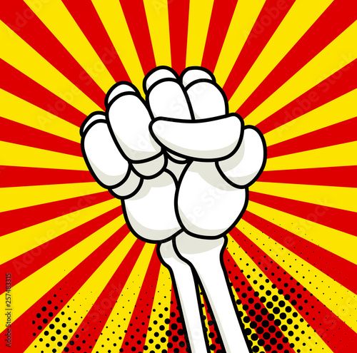 Skeleton bone fist comic book, vector illustration on sunburst background.