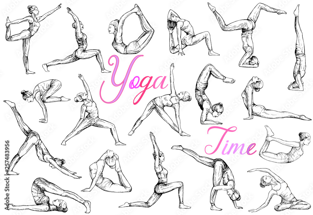 Big set of hand drawn sketch style abstract people doing yoga isolated on white background. Vector illustration.