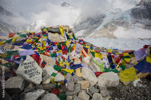 Prayer flags adorn the area around Everest Base Camp in Nepal. photo