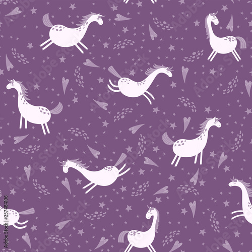 Seamless pattern with unicorns. Unicorns  hearts and stars  fabulous children s background. Vector illustration. 