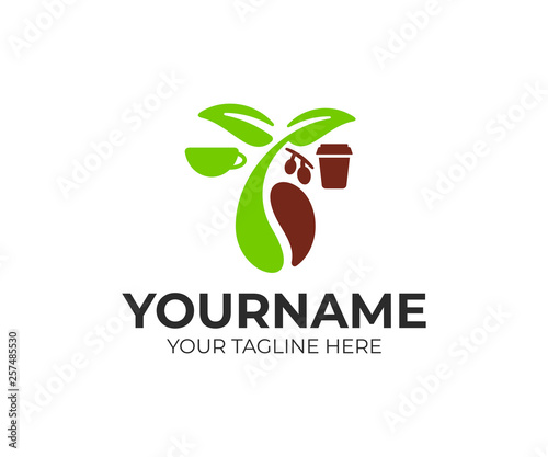 Coffee beans, sprout, leaves with fruits, cup and paper cup, logo design. Food, drink, hot beverage and coffee house, vector design and illustration