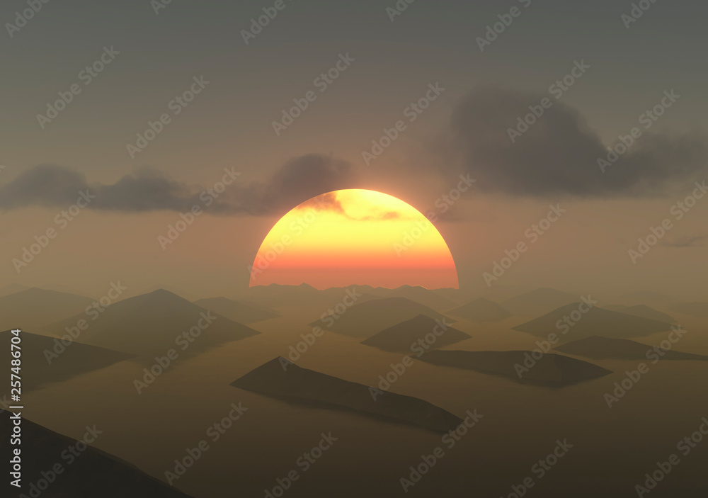 sunrise behind abstract landscape 3d rendering sunrise behind abstract landscape 3d rendering