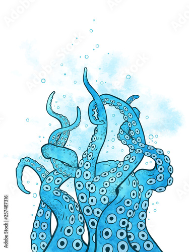 Octopus tentacles curl and intertwined hand drawn line art with blue watercolor elements background or print design vetor illustration.