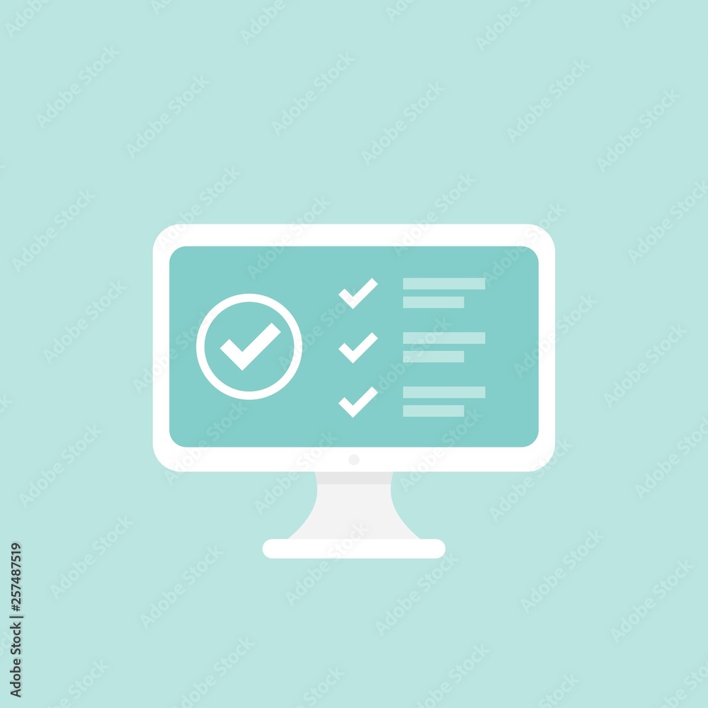 withe computer with check list and ok tick on it. Flat vector simple icon isolated on blue.
