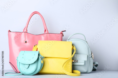 Fashion handbags and backpack on grey background