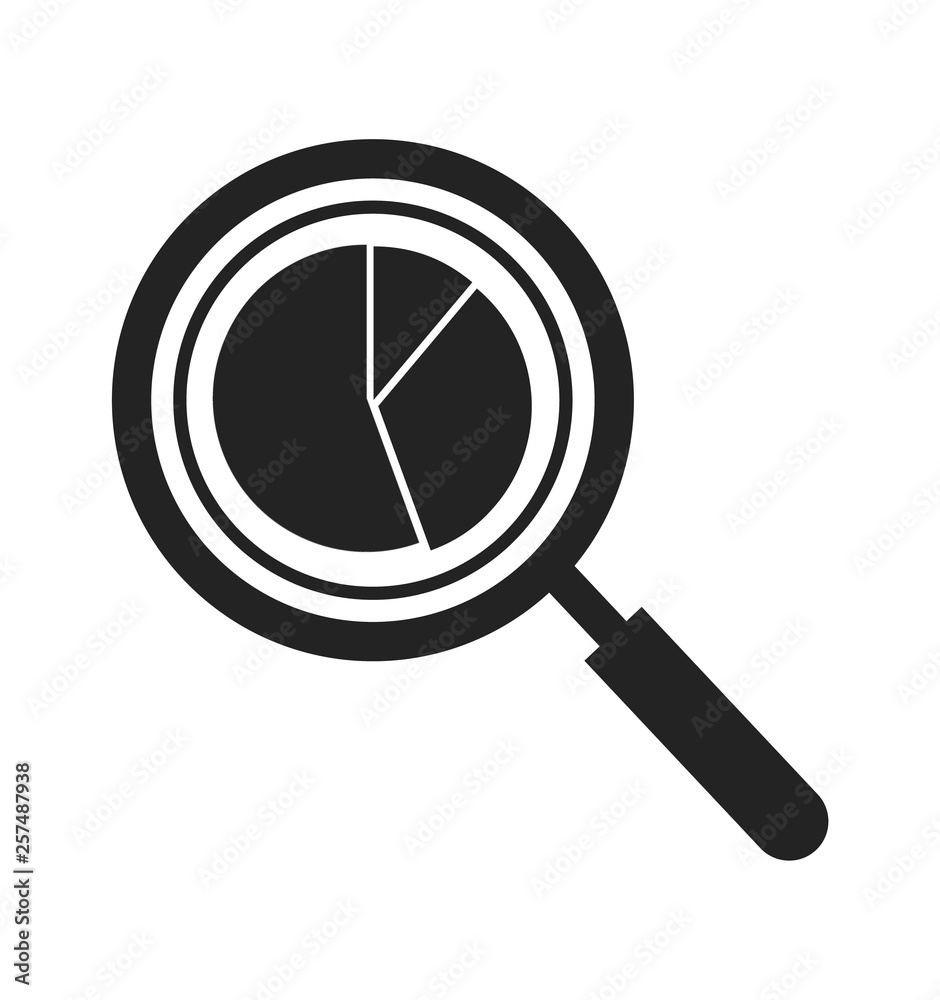 Data analysis icon with magnifying glass and pie chart symbol. Flat style vector EPS. Data analysis icon with magnifying glass and pie chart symbol. Flat style vector EPS.