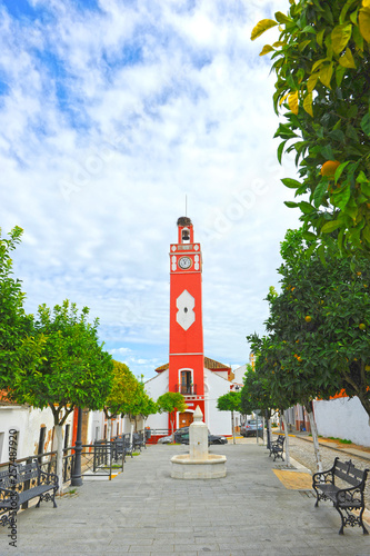 Old Town Hall of Almaden de la Plata, the Clock Tower. Villages of the province of Seville, Andalusia, Spain