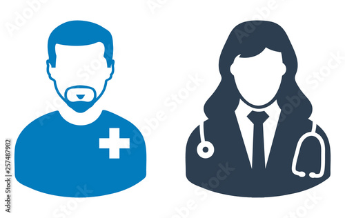 Male patient and Female Doctor icon. Flat style vector EPS.