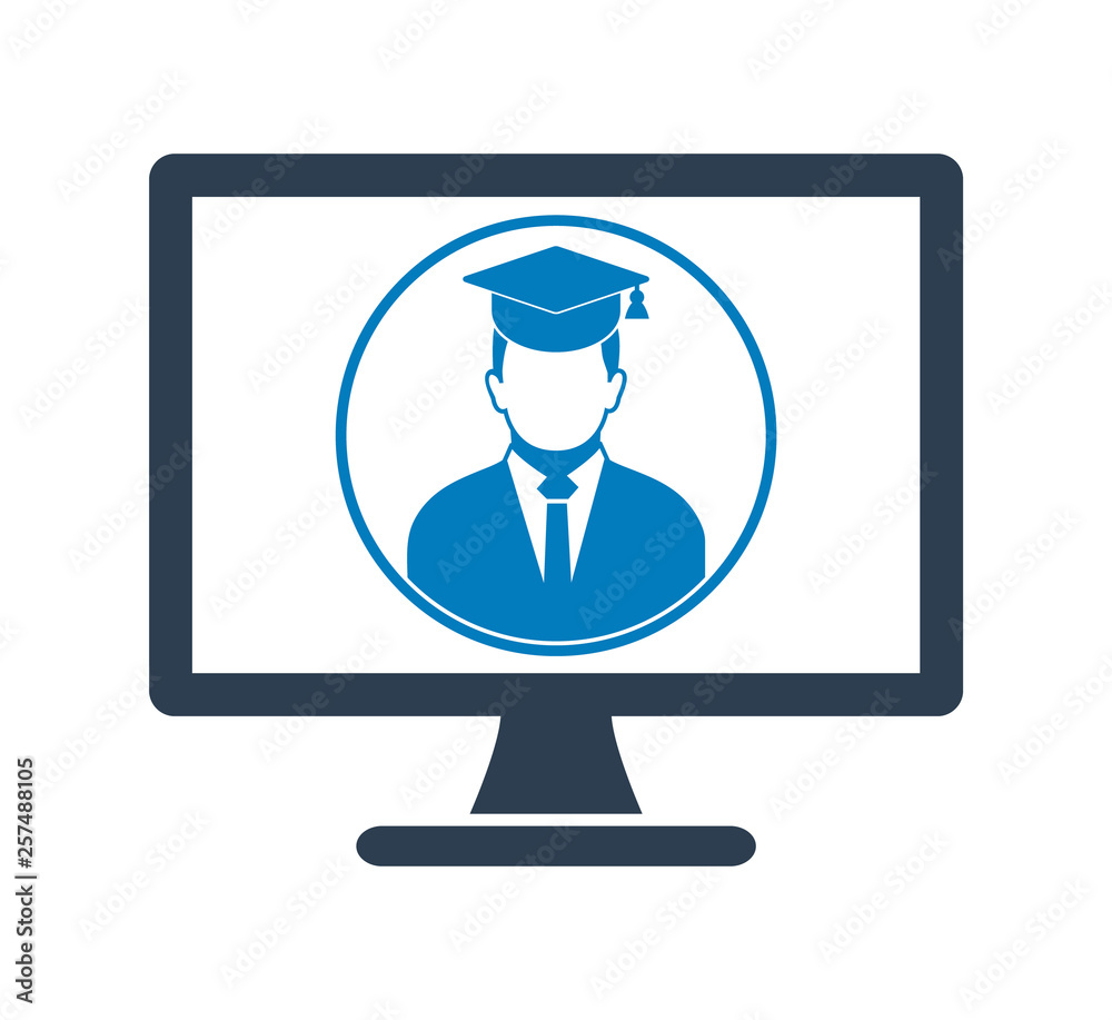 E Learning Icon. Graduate student symbol on Computer Monitor. Flat style vector EPS. E Learning Icon. Graduate student symbol on Computer Monitor. Flat style vector EPS.