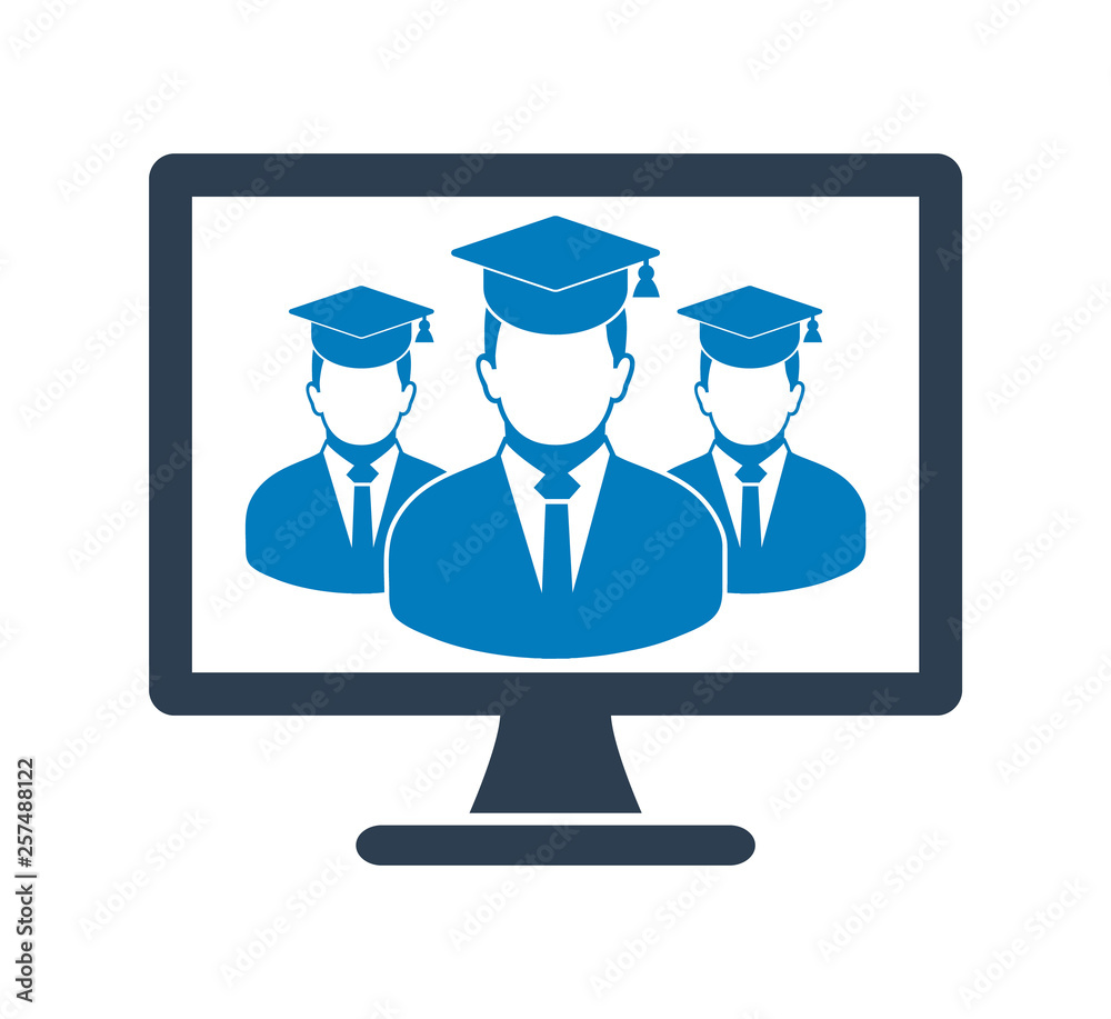 Online Learning Icon with graduate students on Computer Monitor. Flat style vector EPS. Online Learning Icon with graduate students on Computer Monitor. Flat style vector EPS.