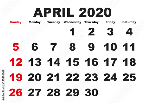 April month calendar 2020 english USA