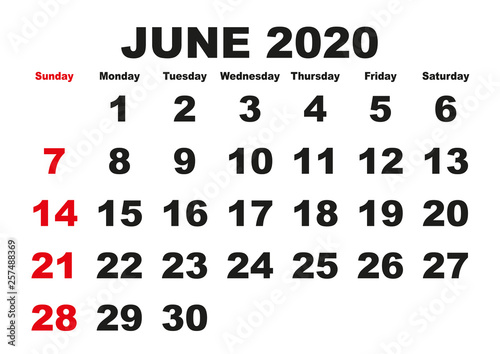 June month calendar 2020 english USA