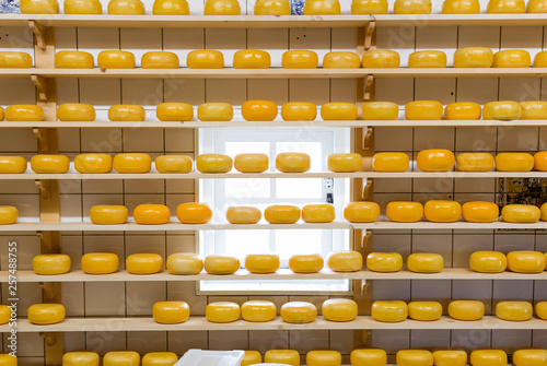 Shelves stuffed with cheese in a cheesery, selective focus