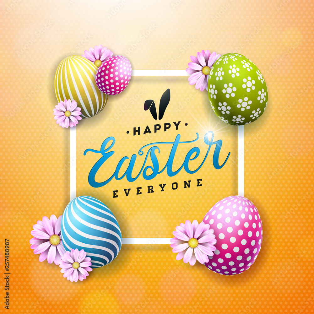 Happy Easter Illustration with Colorful Flower and Painted Egg on Shiny Yellow Background. Vector International Holiday Celebration Design with Typography for Greeting Card, Party Invitation or Promo