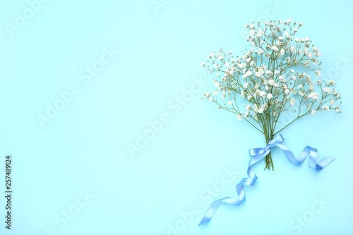 White gypsophila flowers with ribbon on blue background