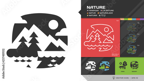 Vector nature or landscape black glyph silhouette and editable stroke thin outline single eco outdoor icon with mountain, hill, sun, tree and water coast  environment sign.