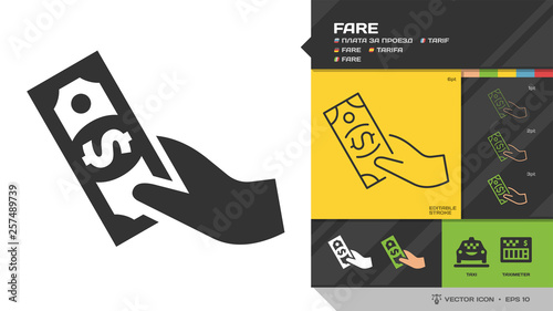 Vector fare black glyph silhouette and editable stroke thin outline single color hand with cash money payment icon for taxi cab service.