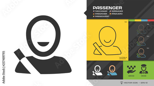Vector taxi cab passenger black silhouette and editable stroke thin outline single color man icon.