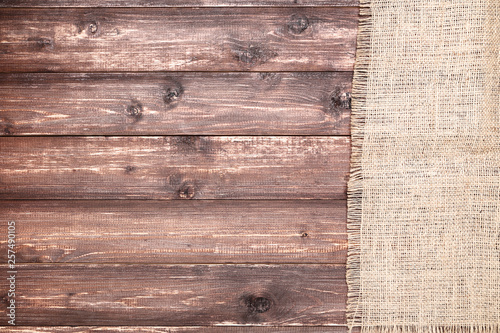 Sackcloth on brown wooden table