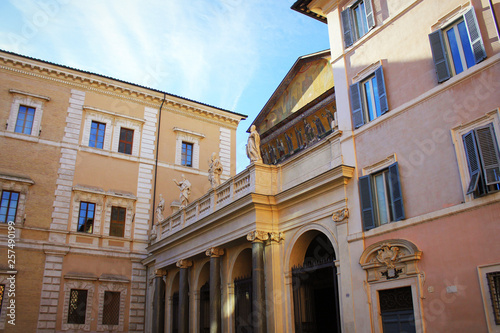 Basilica di Santa Maria in Trastevere ain Trastevere at sunset, Rome, Italy. Trastevere is rione of Rome, on west bank of Tiber in Rome. Architecture and landmark of Rome.