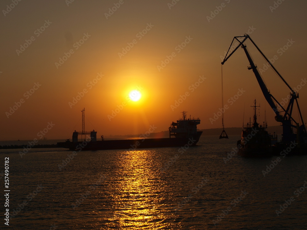 ship harbor at sunset