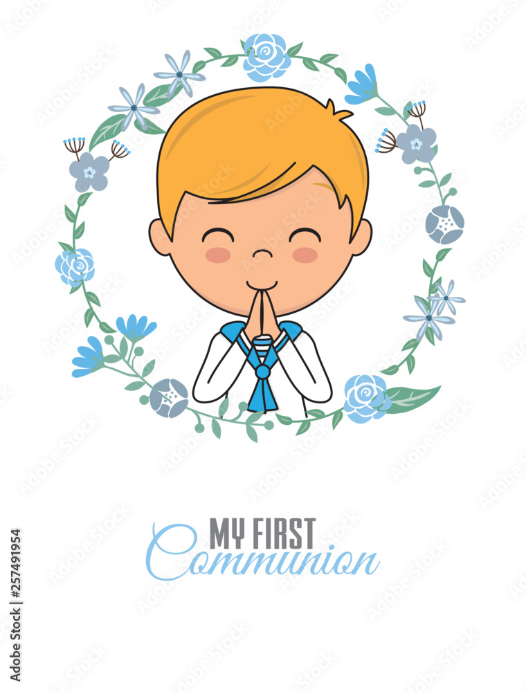 First communion card. Praying boy inside a flower frame First communion card. Praying boy inside a flower frame