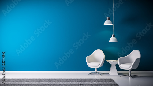 3D Rendering von Sessel und Stuehlen aus Leder in Raum oder Wohnzimmer vor blauer Wand und Platz für Textfreiraum in modernen und minimalistischen Interieur