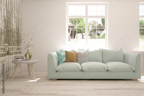 White stylish minimalist room with sofa. Scandinavian interior design. 3D illustration