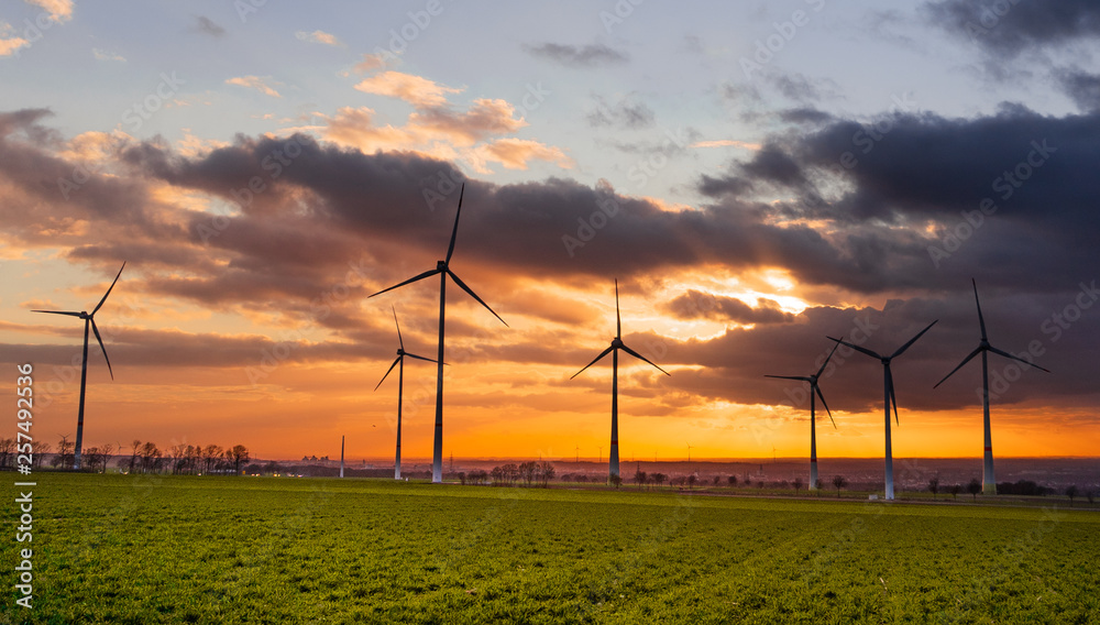 Fototapeta premium Sunrise over wind turbines