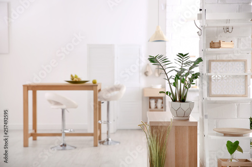 Modern eco style kitchen interior with wooden crates  houseplant and table