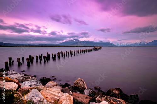 Pier ruins at sunset, Puerto Natales, Patagonia, Ultima Esperanza Province, Chile