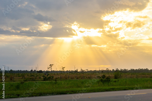 Sunset over cow pastures in western Martin County, Florida, USA