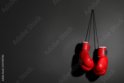 Pair of boxing gloves on grey background, space for text