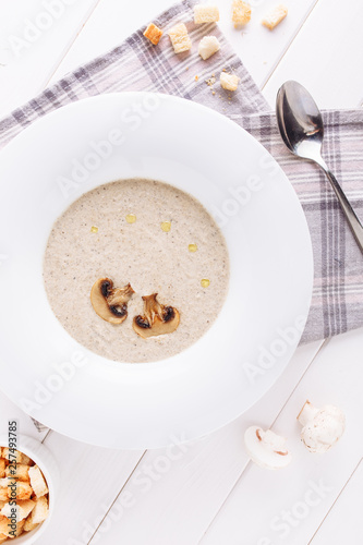 Mushroom Cream Soup White Bowl Top Down Flat Lay