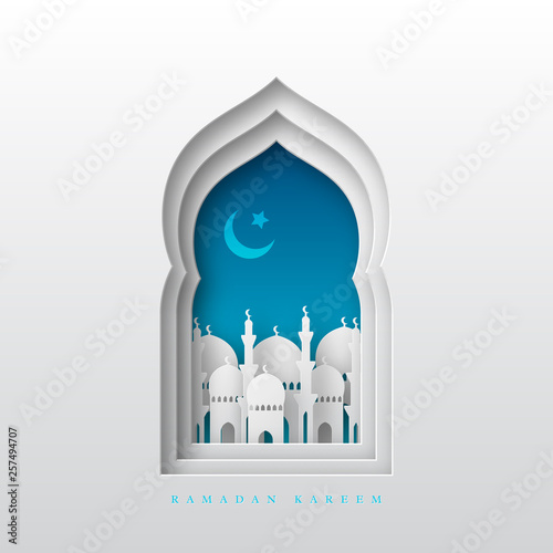 Ramadan Kareem greeting background. 3d paper cut arabic window with mosque and crescent. Design for greeting card, banner or poster. Translation Ramadan Kareem. Vector illustration.