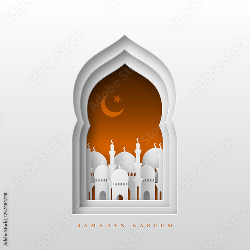 Ramadan Kareem greeting background. 3d paper cut arabic window with mosque and crescent. Design for greeting card, banner or poster. Translation Ramadan Kareem. Vector illustration.