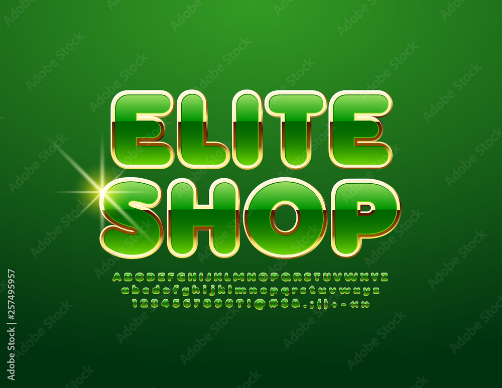 Vector Golden and Green emblem Elite Shop. Shiny Alphabet set. Luxury style Font Vector Golden and Green emblem Elite Shop. Shiny Alphabet set. Luxury style Font