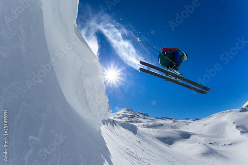 Extreme skier in mid-air after jump, Nevados de Chillan, Chile photo