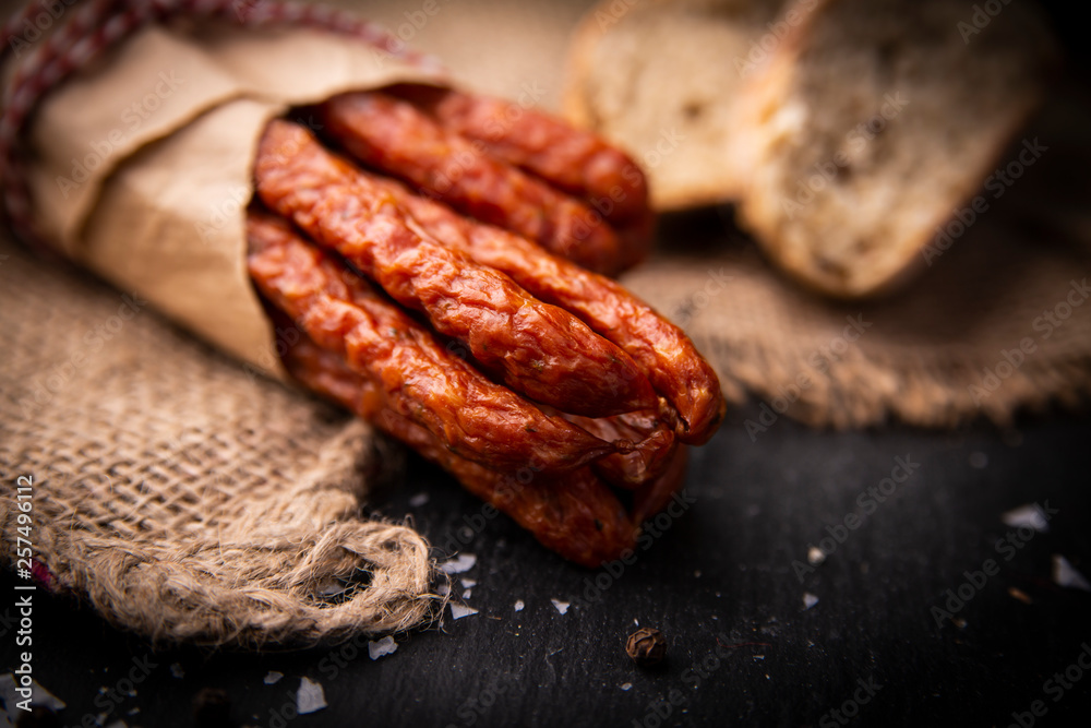 Dry sausage. Smoked sausages. Country sausage, homemade sausage. Dry sausage. Smoked sausages. Country sausage, homemade sausage.