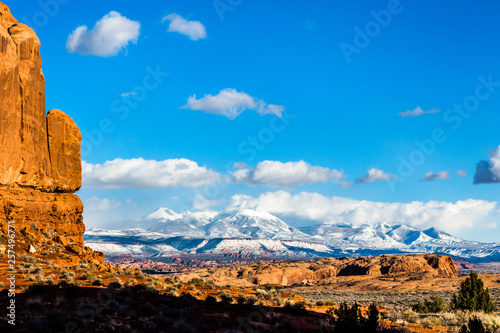 LaSal Mountain Range in snowstorm viewed from Arches National Park, Utah