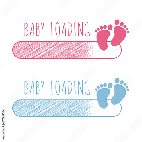 Baby loading concept with progress bar and pink and blue footsteps vector illustration set.