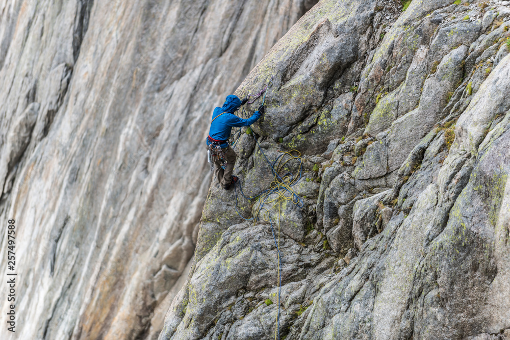 Climber descending Aiguille du Grepon, Haute-Savoie, France Climber descending Aiguille du Grepon, Haute-Savoie, France