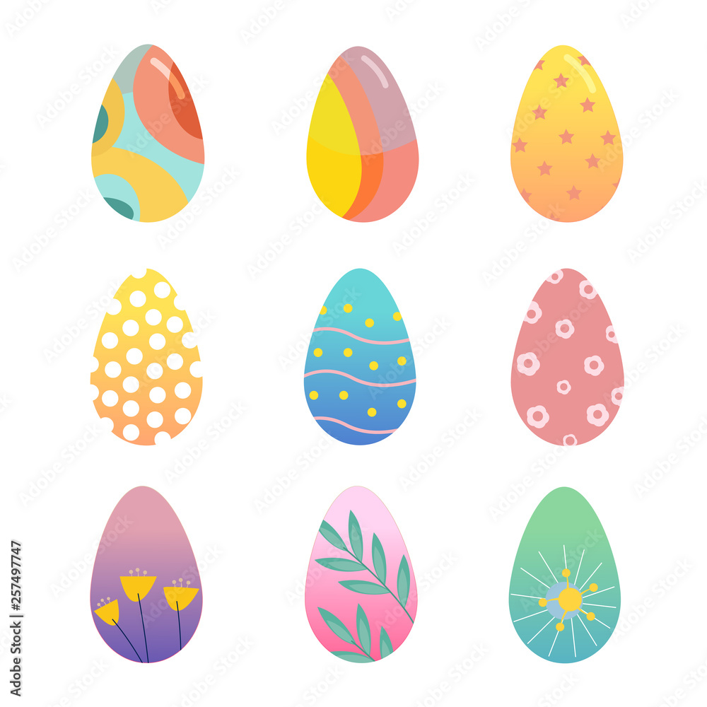 Happy Easter eggs Set with different texture. Vector Illustration on a white background