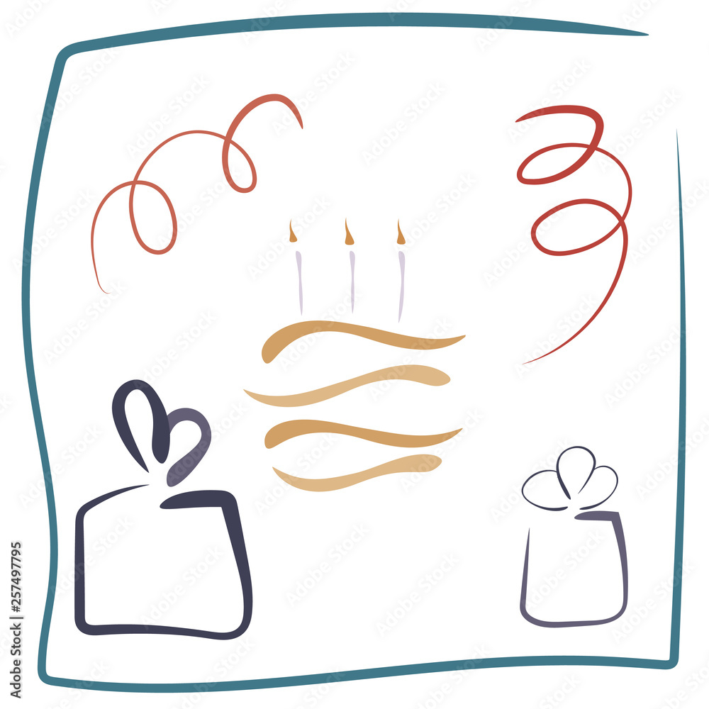 Obraz premium Greeting card Happy birthday. Unusual design. Cake, gifts.