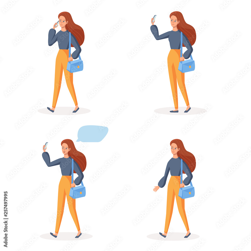 Walking Girl using mobile phone in different poses. Social communication concept SET. Smiling cartoon character vector illustration Walking Girl using mobile phone in different poses. Social communication concept SET. Smiling cartoon character vector illustration