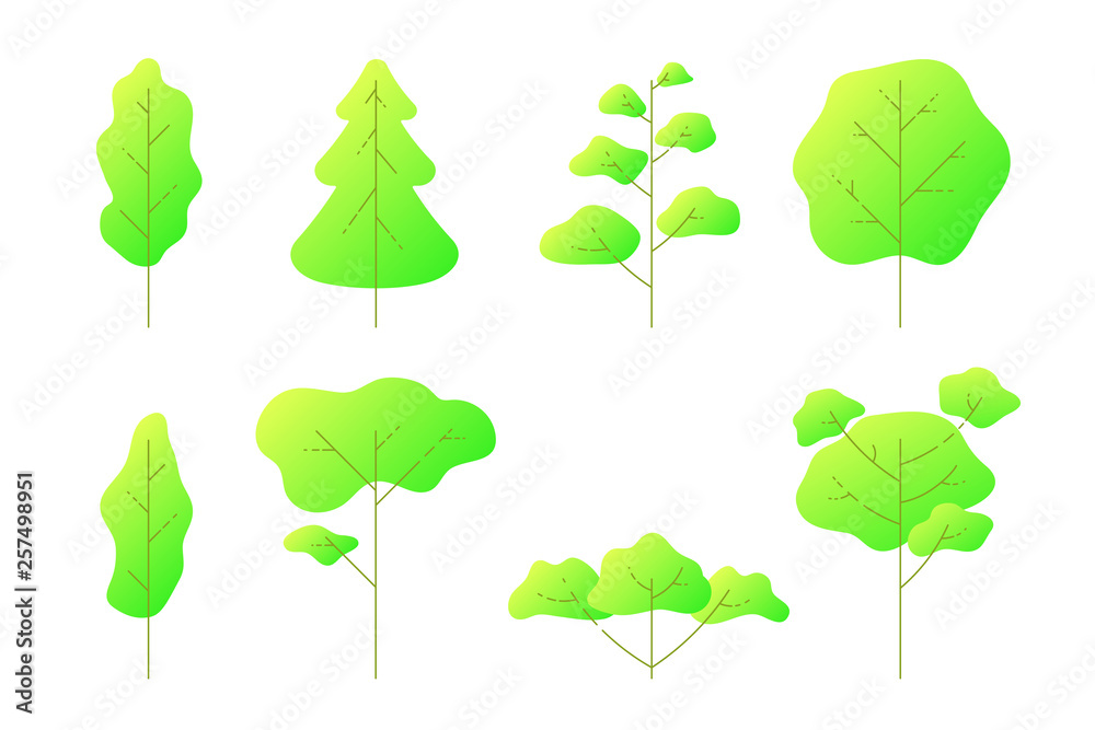 Set of flat green trees