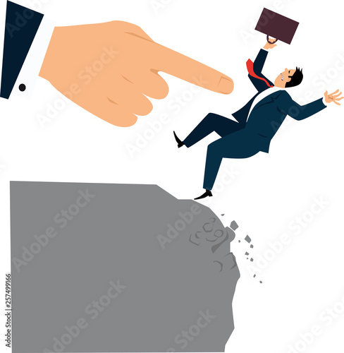 Giant finger giving a push to a falling businessman, EPS 8 vector illustration